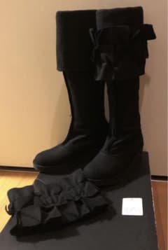 【匿名配送】ヨウジヤマモト★ブラック★フェルト★ロングブーツ★フリル飾り付 匿名配送】ヨウジヤマモト☆ブラック☆フェルト☆ロングブーツ☆フリル