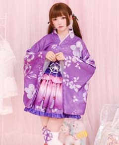 浴衣 和風 ミニスカ  コスプレ コスチューム セット  パープル ハロウィンのサムネイル