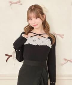 apres jour クロス紐リボン刺繍ニットトップス ブラックのサムネイル