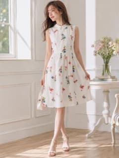 襟付き 花柄ワンピース ノースリーブ フェミニン白 大人可愛いAラインのサムネイル