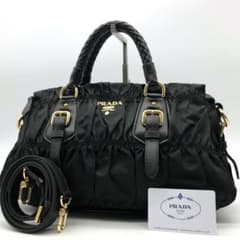 プラダ ハンドバッグ 2way メタルロゴ ゴールド金具 ギャザー ナイロン