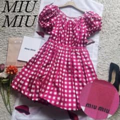 【美品】MIU MIU ギンガムチェックワンピース ピンク 40 半袖 膝丈のサムネイル