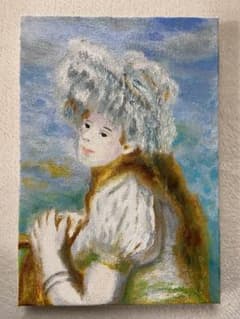 ルノワール　肉筆手描きの油絵模写画　白い帽子をかぶった少女のサムネイル