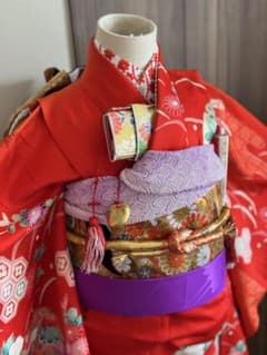 七五三に★セミアンティーク　正絹　赤色に金箔　雪輪に四季花々　7歳着物セット 七五三に☆セミアンティーク 正絹 赤色に金箔 雪輪に四季花々 7歳着物