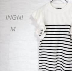[INGNI] Frill-sleeve summer knit (M) Black and white, feminine, lightweight, striped pattern, simple.