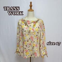 TRANSWORK 큰 꽃 무늬 드레이프 블라우스 개더 소매 17 호 우아한 큰 사이즈 ◎