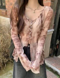 タイダイ柄リブ編み長袖トップス　ピンクのサムネイル
