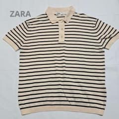 ZARA 半袖 ニット ポロシャツ ベージュ×ブラック Mサイズ A002のサムネイル