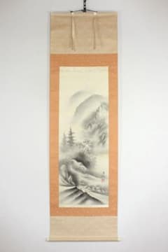 No5789掛軸 在銘 友村 山水図 絹本 日本画 古画 絵画 古美術 送料無料