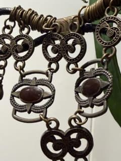 Rare Ainu antique brass and genuine leather primitive carnelian red agate ethnic necklace