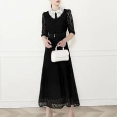 Leja レースビッグカラー花柄刺繍 ウエストマークロングフレアドレス S