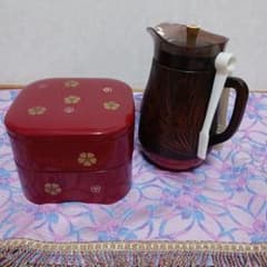 二段重箱 漆器 朱塗り 花柄 弁当箱　水差し