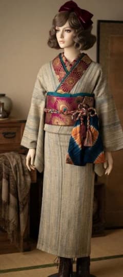 Ginza Iwaya Kimono and Haori Jacket Set, Tsumugi Silk, Geometric Pattern, Antique