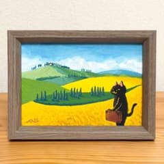 手描き アクリル画 トスカーナ 猫 風景画 イラスト イタリア 猫の絵 黒