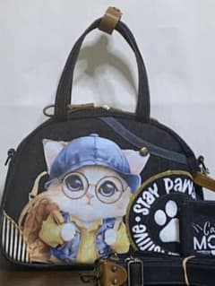 ☆岡山デニム☆ステンシル☆ハチワレネコ☆猫☆4wayボストンバッグ 歳末セール☆岡山デニム☆トラ猫☆ステンシル☆扇型☆4wayボストン