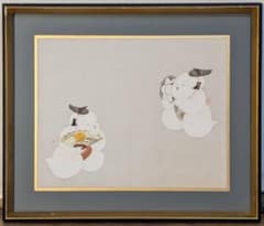 【真作】絵画　日本画　舞う童子図　可憐な童の舞扇と鼓　福を招く童子二人　X198 真作】絵画 日本画 舞う童子図 可憐な童の舞扇と鼓 福を招く童子