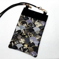 ✡️紳士和柄☆吉祥模様金縁取り×黒スマホショルダーお祭りバッグ