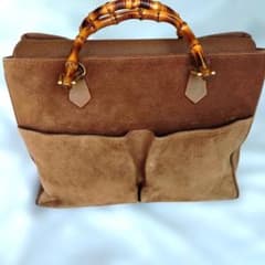 希少 GUCCI スエード レザー バンブーハンドル ハンドバッグ ブラウン 