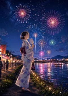 【イラスト】花火と浴衣の少女 アートポスターのサムネイル