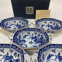 前畑陶器 染付け グラタン皿 5枚 八角 花鳥 手付き ボウル 皿 鉢 和柄