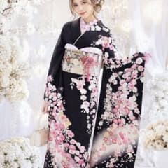 未使用に近い！！正絹振袖フルセット 黒地 桜柄 成人式に 駒刺繍