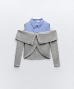 ZARA コントラスト カットアウト ニットセーター ブルー グレー Sのサムネイル