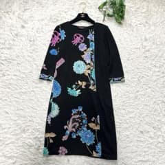 レオナール ロングワンピース 花柄 トリム ブラック シルク混 M