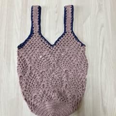 ハンドメイド かぎ針編み エコバッグ ピンク×ネイビーのサムネイル