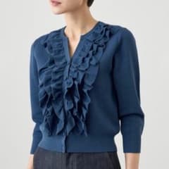 ANAYI 23SS フリリーキーネック カーディガン 青 38 フリル 美品✨ ANAYI 23SS フリリーキーネック カーディガン 青 38 フリル 美品