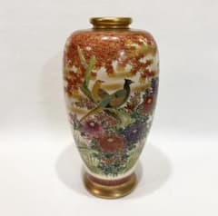 薩摩焼 金彩 色絵 鳥図 菊 紅葉 花瓶 花器 壺 骨董 古美術 アンティーク 薩摩焼 金彩 色絵 鳥図 菊 紅葉 花瓶 花器 壺 骨董 古美術