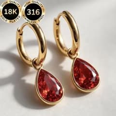 CZダイヤ ガーネット風　フープピアス　316ステンレス　18kコート　2way