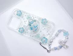 iPhone16Proケース☾·̩͙ブルー猫シェイカー オイル入りiPhoneカバー