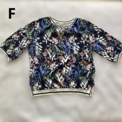 La Mode ボタニカル柄 半袖 五分袖 異素材 ラインリブ カットソー