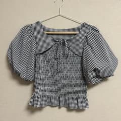 INGNI デコルテオープンバルーンスリーブブラウス　ギンガムチェック　黒　Mのサムネイル
