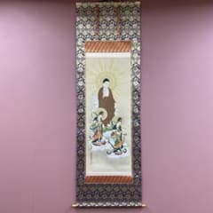 美品 掛け軸 松井翔雲作 金地 三尊佛 共箱 仏画 美術年鑑掲載 年中掛け