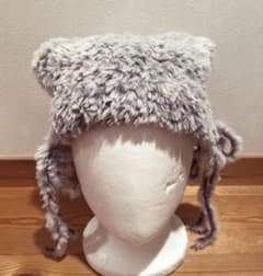 ハンドメイド 猫耳ファーニット帽 グレーのサムネイル
