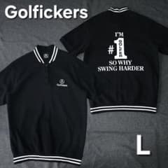 美品 ゴルフィッカーズ 半袖ノーカラーゴルフポロシャツ ブラック L ロゴマーク 美品 ゴルフィッカーズ 半袖ノーカラーゴルフポロシャツ ブラック L