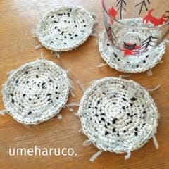 【ハンドメイド】つぶまるリボンコースター 4枚セット リネンのサムネイル