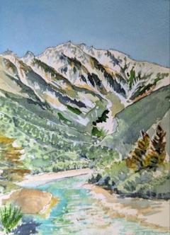 上高地《 穂高岳 岳沢と梓川 》水彩画 風景画 原画 - メルカリ