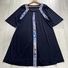 カンカン素材☆レオナール　半袖ワンピース　トリム　ブラック　M 美品✨レオナール ワンピース 半袖 カンカン素材 トリム 黒×青 XL