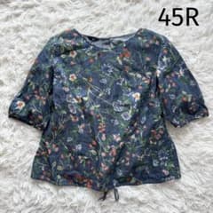 美品＊2way 45R ネップデニム 五分袖 ブラウス ボタニカル 花 フラワー 希少✨2way 45R ネップデニム 五分袖 ブラウス ボタニカル 花 フラワー