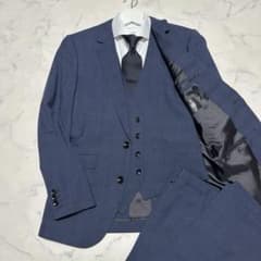 美品☆【スーツセレクト】3ピース　ネイビー　ブラックチェック柄　A4 未使用級美品 スーツセレクト 3ピーススーツ ネイビー チェック Y4