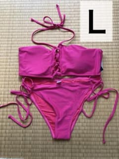 [L] Neon Rose Unused Women's Lace-Up Bikini Swimsuit Pink
