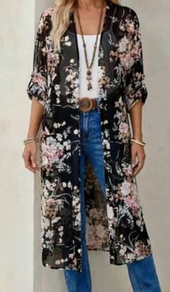 SHEIN 花柄ロングカーディガン　薄手　黒