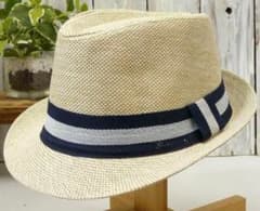 【新品】ストライプベルト　中折れハット　フェドラハット　ベージュ　男女OK