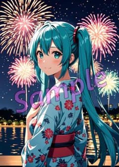 初音ミク 浴衣で花火 イラスト L版4枚セットme0011-005-008のサムネイル