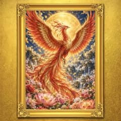 風水開運絵画＊愛の鳳凰～新月輪くぐり飛翔～金運　恋愛結婚運　運気上昇　縁結び　美 金月鳳凰瑞華 鳳凰 開運絵画 アート 金運 招福 風水 スピリチュアル 御