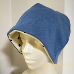 医療用帽子　ケア帽子　綿ニット　ブルー×水玉のサムネイル