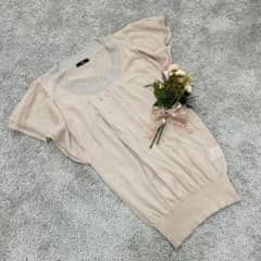 INÉD Beige Short-Sleeve Frill-Sleeve Knit Tunic, Sheer, Elastic Hem, Size 9 (M)