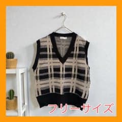 QUANCHUN チェック柄ニットベスト フリーサイズのサムネイル